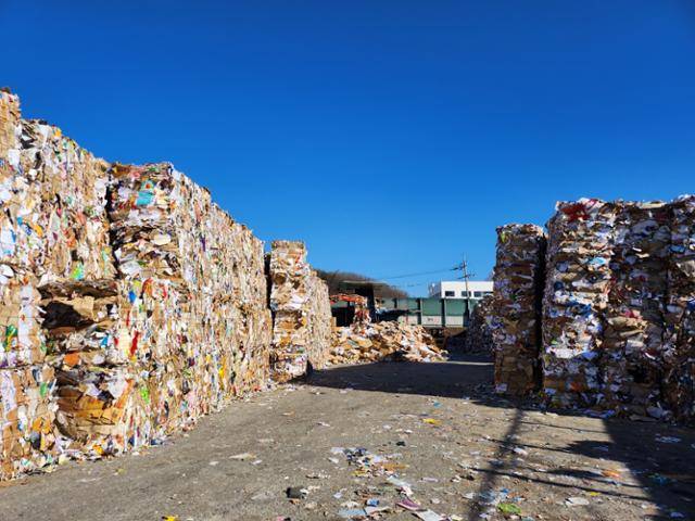 지난 2일 경기 남양주시의 한 폐지 압축장에 폐지 재고가 쌓여 있다. 평소에 비해 두 배가량 많은 양이다. 곽주현 기자