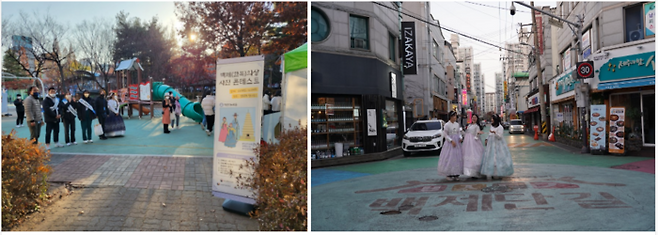 백제 의상을 입은 시민들이 백제단길에서 포즈를 취하고 있다. /사진 = 왼쪽부터 양태경 칼럼리스트, 정윤지 여행+ 기자