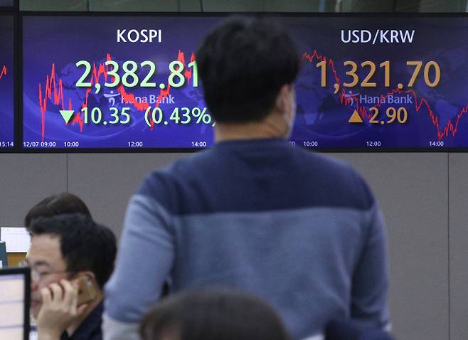 지난 7일 오후 서울 중구 하나은행 명동점 딜링룸에서 직원들이 업무를 보고 있다./사진=뉴스1