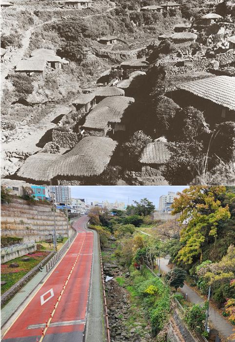 위:1960년대 남수각 모습  아래:가옥이 철거되고 도로가 만들어진 남수각 현재 모습