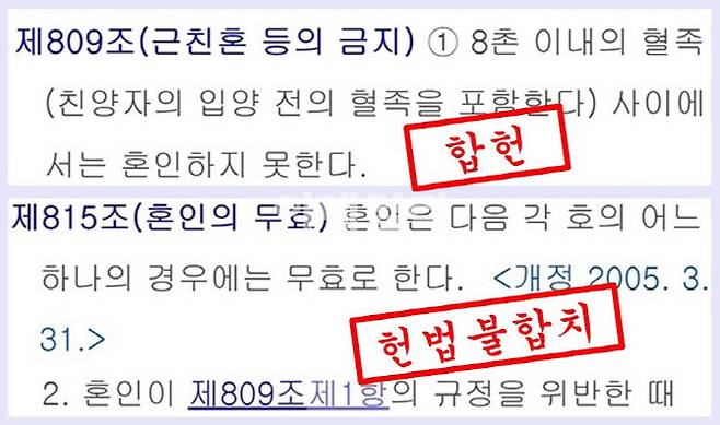 민법 809조 1항 및 815조 2호 내용과 헌법재판소의 결정