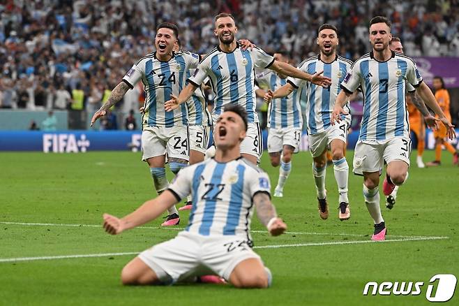 라우타로 마르티네스가 10일(한국시간) 열린 2022 카타르 월드컵 8강 네덜란드-아르헨티나전에서 승부차기 승리를 이끈 후 포효하고 있다. ⓒ AFP=뉴스1