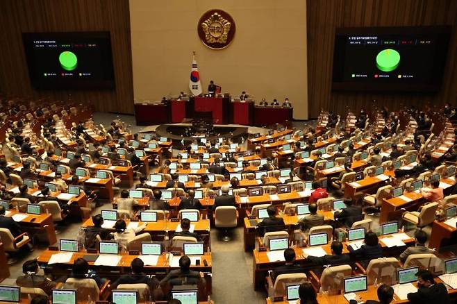 8일 국회에서 열린 본회의에서 내년 6월부터 '만나이'로 통일하는 민법 일부개정 법률안이 통과되고 있다. [이미지출처=연합뉴스]