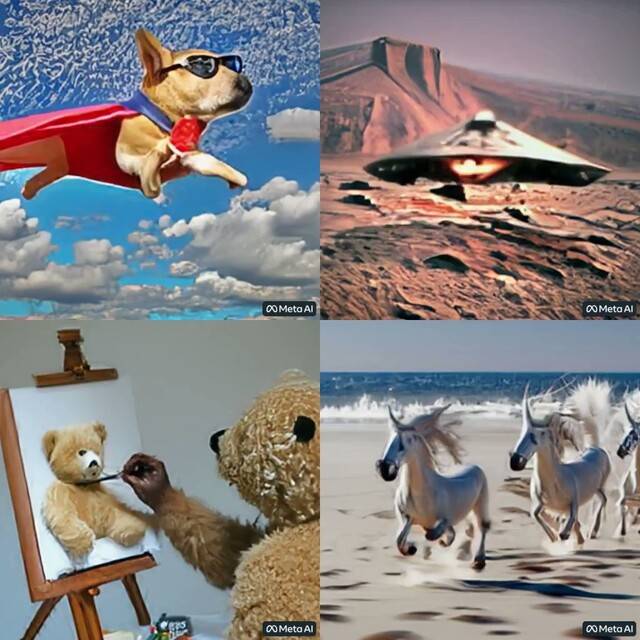 2022년 9월 메타가 공개한 AI 이미지 생성기 메이크어비디오(Make-A-Video). 텍스트로 명령하면 AI가 영상처럼 움직이는 이미지를 제공한다. 메타 AI 트위터