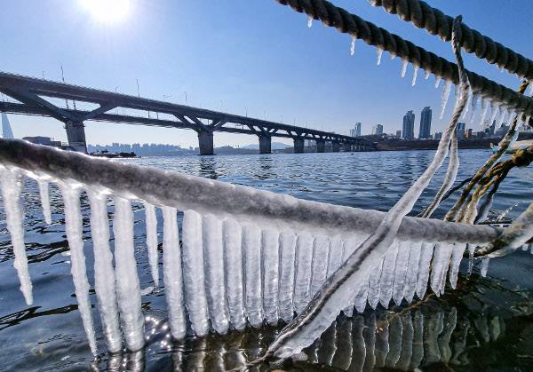 ‘한강 수온’은 한강을 상수원으로 활용하는 서울시민의 건강과 한강에 서식하는 수생태계 보존을 위해 매일 측정하는 주요 데이터다. 하지만 한강 온도를 묻는 말은 어느새 한강에 뛰어들고 싶다는 절망감의 또 다른 표현이 됐다. 극단적 선택을 위해 한강 온도를 묻는 이들이 사라지는 날은 언제쯤 볼 수 있을까. 지난겨울 서울 한강뚝섬공원에 고드름이 얼어 있다. 국민일보DB
