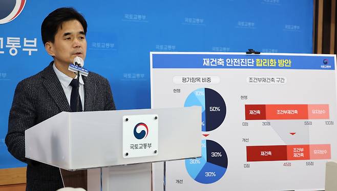 권혁진 국토교통부 주택토지실장이 8일 오전 정부세종청사에서 재건축 안전진단 기준 개선방안을 발표하고 있다. [연합]