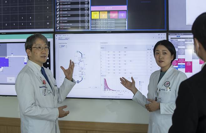 11월 30일 오후 경기도 안양 평촌 한림대성심병원 제2별관에 위치한 도헌디지털혁신연구소에서 유경호 병원장(왼쪽)과 이미연 커맨드센터장(방사선종양학과 전문의)이 병원의 자동화 시스템에 관련해 설명하고 있다. /박상훈 기자
