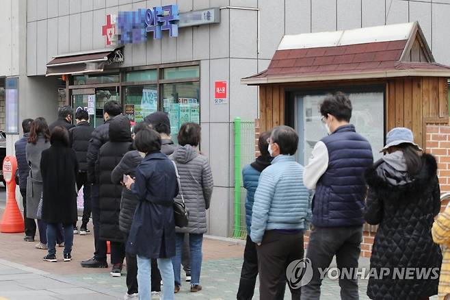 2020년 3월 코로나19 마스크 5부제에 길게 늘어선 구매 행렬 [연합뉴스 자료사진]