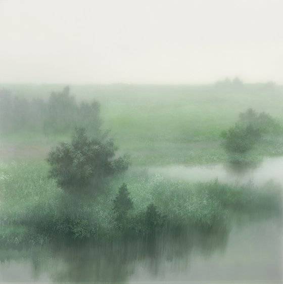 이기봉 작가는 “물이나 안개는 사물의 모습을 변화시킨다는 점에서 흥미로운 소재”라고 말했다. 사진은 ‘당신이 서 있는 곳 초록-1’(2022). [사진 국제갤러리]