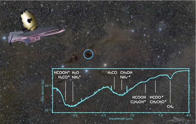 태아별에서 제임스 웹 우주망원경에 의해 관측된 얼음 분자 스펙트럼. 서울대 제공
