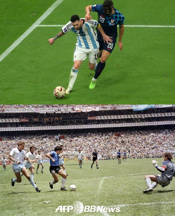 2022 월드컵 드리블의 메시(상단)와 1986 월드컵 마라도나의 드리블 골.ⓒAFPBBNews = News1