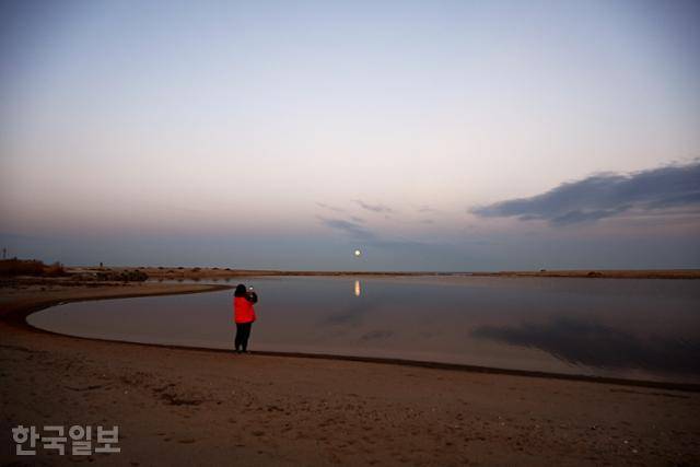 왕피천의 월출 모습. 바다에서 뜨는 달이 왕피천 수면에 달빛 기둥을 그린다.