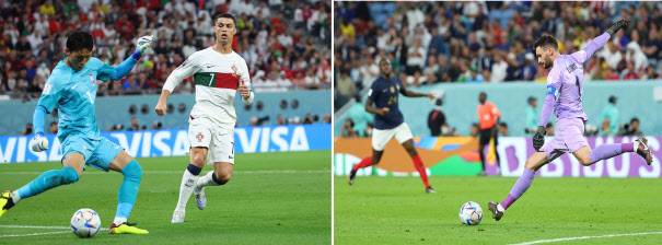 2022 카타르 월드컵에서 활약한 대한민국 골키퍼 김승규(왼쪽)와 프랑스 골키퍼 위고 요리스가 공을 차는 모습. 두 사람 모두 번호 1번을 달고 있다.(사진=연합뉴스)