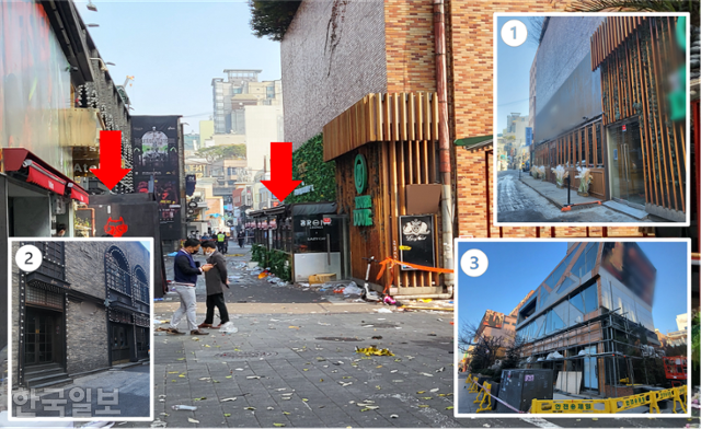 지난달 1일 서울 용산구 해밀톤호텔 뒷골목이 무단 증축한 테라스(오른쪽 화살표, 폭 1m)와 핼러윈 임시 행사 부스(왼쪽 화살표, 폭 1m)로 약 2m가량 좁아진 모습(뒤쪽 사진). '이태원 참사' 47일째인 14일엔 통행로를 좁힌 증축물이 철거돼 있다(①,②). 호텔 측은 대로변 별관 B동(③) 전면부 유리 증축물도 철거했다. 강지수 기자