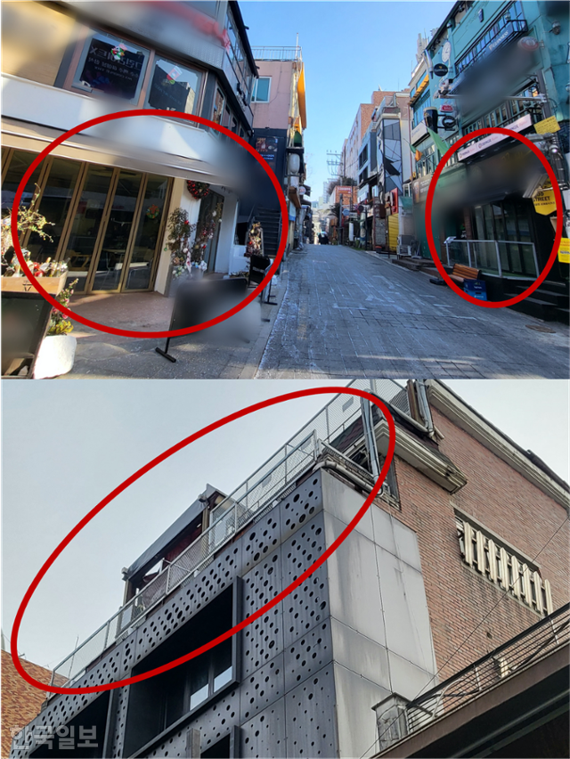 14일 '이태원 참사' 현장 근처 A음식점(위쪽 사진, 왼쪽 원), B주점(오른쪽 원)이 유리와 경량철골로 지붕과 벽을 갖춘 무단 증축물을 철거한 모습. 마찬가지로 C주점 5층 면적을 넓혔던 무단증축물도 사라졌다(아래쪽 사진). 강지수 기자