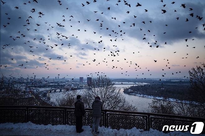 6일(현지시간) 러시아의 침공 속 우크라이나 키이우의 상공에 까마귀 떼가 날고 있다. ⓒ AFP=뉴스1 ⓒ News1 우동명 기자