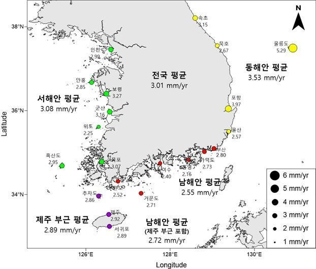 최근 33년간 해수면 상승 분포도(해양수산부 제공)