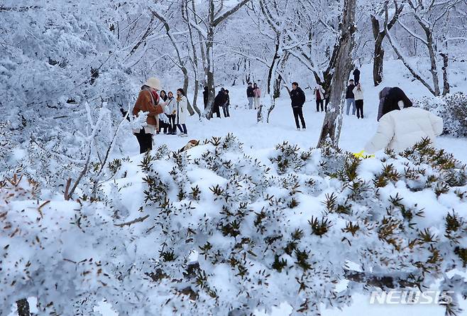 [제주=뉴시스] 우장호 기자 = 19일 오후 주말 동안 폭설이 쏟아진 제주 한라산 1100고지를 찾은 관광객들이 설경을 카메라에 담으며 즐거운 시간을 보내고 있다. 2022.12.19. woo1223@newsis.com