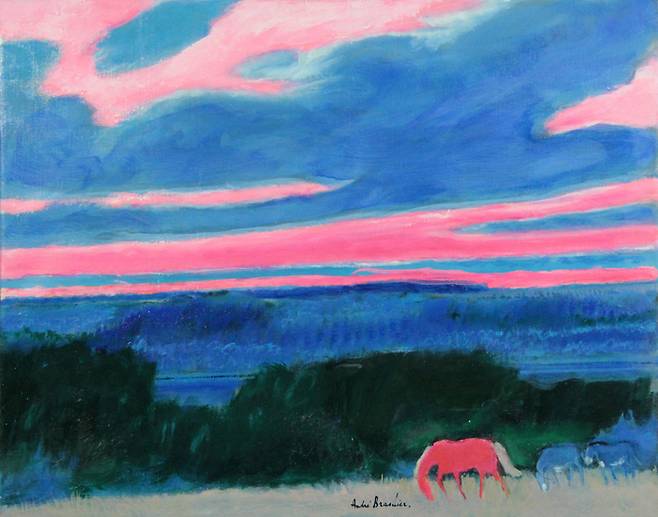 프랑스 현대미술의 ‘살아있는 전설’로 평가받는 앙드레 브라질리에의 특별전이 예술의전당 디자인미술관에서 20일 개막했다. 사진은 브라질리에의 유화 ‘롱페뉴의 석양’. 한솔비비케이 제공