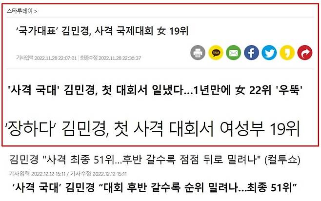 ▲김민경의 국대 출전은 언론의 큰 관심을 받았다. 대회가 끝나지 않았는데도 중간 순위로 기사가 나와 순위에 대한 혼동이 있기도 했다. (위쪽 기사들.) 1,2부 대회가 끝난 이후 최종 성적에 대해 후반에 갈 수록 순위가 밀려나갔다는 기사도 함께 나왔다. (아래쪽 기사들.)