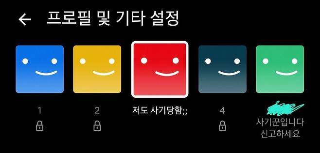 잠금 설정된 넷플릭스 프로필들. 하나의 계정을 다수가 공유하는 방식으로 저렴한 값에 OTT(온라인동영상서비스)를 이용하는 사람들이 늘어나고 있지만, 이를 역이용해 돈을 받고 잠적하는 사기 사례가 발생하고 있다. [독자 제공]