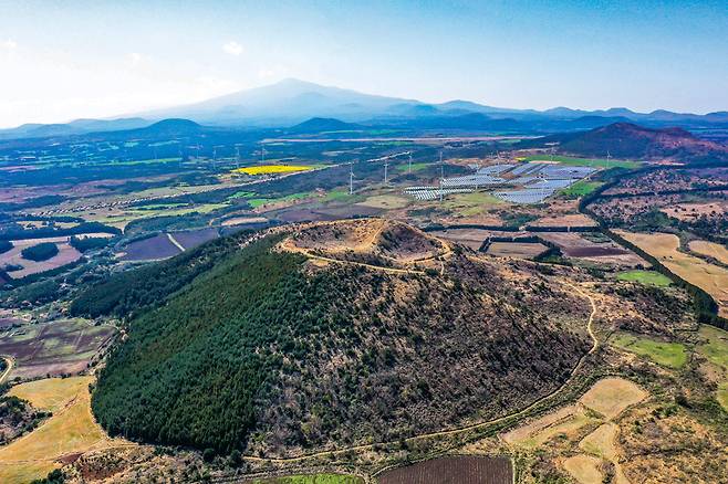 따바리오름과 한라산. 건너편이 큰사슴이오름이고, 그 사이로 풍력발전기가 늘어선 들녘이 갑마장이다.