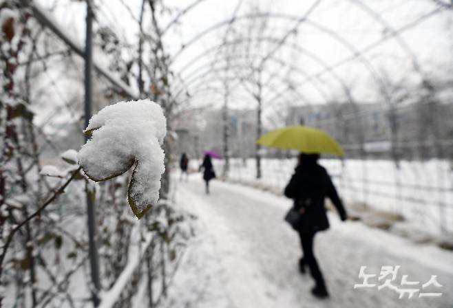 서울을 비롯한 수도권 대부분 지역에 대설주의보가 발효된 21일 오전 서울 여의도공원에서 직장인들이 눈을 맞으며 출근길을 재촉하고 있다. 황진환 기자