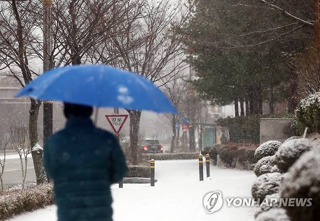 눈 내리는 전주 (전주=연합뉴스) 나보배 기자 = 전북에 대설특보가 내려진 22일 오전, 한 시민이 전주시 완산구 효자동 인도를 걷고 있다. 2022.12.22 warm@yna.co.kr