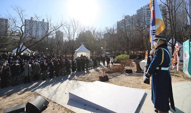 6.25 참전유공자비 제막식이 지난 11월 30일 성남 분당구 분당중앙공원에서 진행되고 있다. 사진=국가보훈처 제공