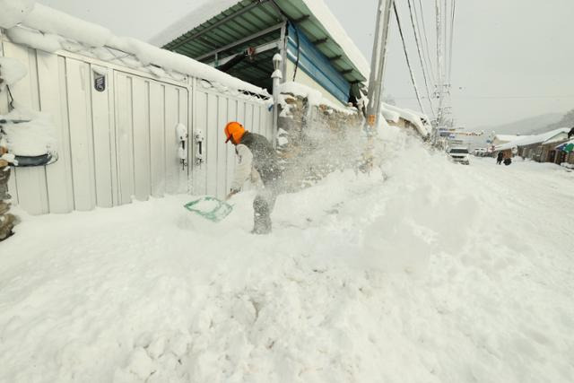 전북 임실군 관계자가 23일 오전 55.2㎝의 적설량을 기록한 전북 임실군 강진면에서 눈을 치우고 있다. 뉴스1