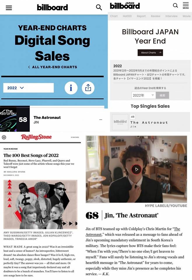 방탄소년단 진, 빌보드 선정 2022 최고의 K팝송 男솔로 최고 순위