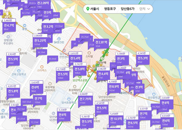 12월 22일 기준 서울 영등포구 당산동 일대의 전세 매물 현황 / 네이버 부동산 갈무리