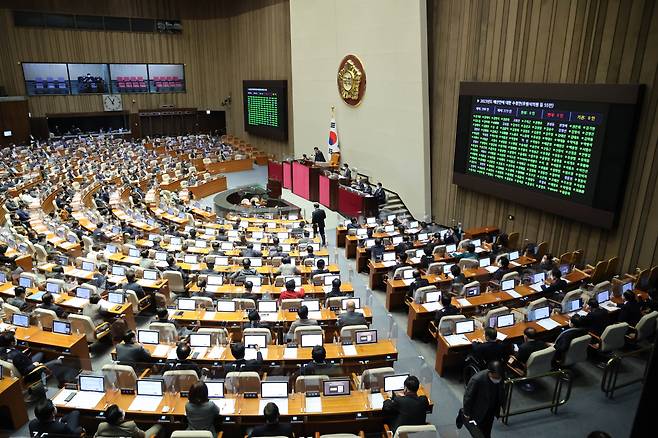 24일 새벽 0시 55분께 국회 본회의에서 2023년도 예산안이 의결 통과되고 있다. [연합]