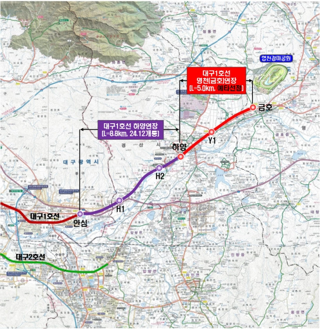 대구도시철도 1호선 하양~영천(금호)연장 사업은 경산 하양역에서 영천 금호읍까지 5㎞ 구간에 총 사업비 2052억원을 투입한다.  경북도 제공
