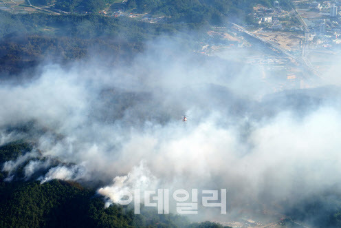 5월 29일 경북 울진군 근남면에서 발생한 산불이 주변으로 확산하고 있다. (사진=산림청 제공)