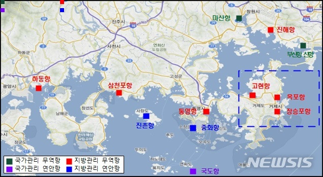 [창원=뉴시스] 경남 소재 하동항, 고현항 등 항만 위치도.(사진=경남도 제공)