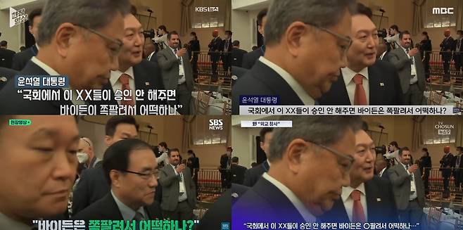 9월 22일 대통령 비속어 관련 방송사 뉴스 화면. 왼쪽 위부터 시계방향으로 KBS, MBC, TV조선, SBS.