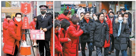 이영훈 담임목사가 구세군 자선냄비에 성금을 기부하고 있다. 오른쪽 사진은 이 목사와 김건희 여사 등이 쪽방촌에 희망박스를 전하는 모습. [사진 여의도순복음교회]