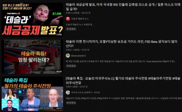 유튜브엔 테슬라 뉴스, 기술, 주가 등 다양한 정보를 다룬 채널들이 많다. 테슬라에 투자하는 서학개미는 주로 유튜브를 통해 정보를 접한다. /사진=유튜브 화면 캡처