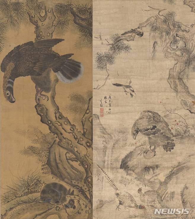 [서울=뉴시스] 국립중앙박물관이 2023년 계묘년을 맞아 상설전시실 곳곳에 있는 '토끼' 관련 전시품 10점을 소개했다. 사진 왼쪽부터 '매를 피해 숨은 검은 토끼'(조선 19세기, 덕수1621), '매에게 붙잡힌 토끼'(심사정(1707-1769), 조선 1768년 덕수5718). (사진=국립중앙박물관 제공) 2023.01.01. photo@newsis.com *재판매 및 DB 금지