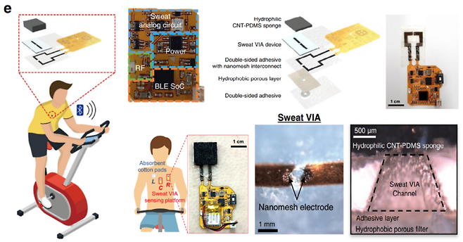 연구진이 개발한 스마트 땀 패드 시제품의 모습과 구조, 착용 예시도. [자료=Nature Communications]