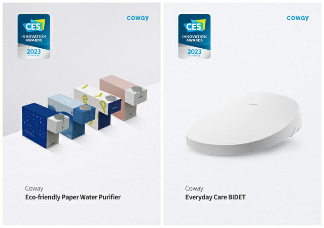 '친환경 페이퍼 정수기'(왼쪽)와 '에브리데이 케어 비데' (사진=코웨이)