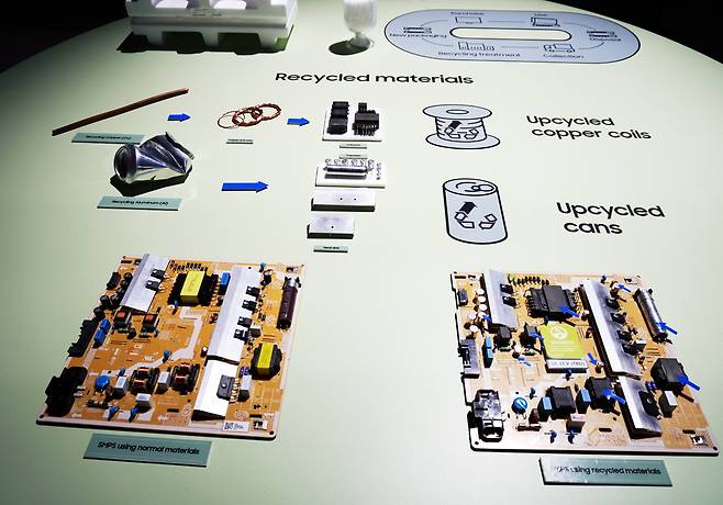 구리 파이프, 알루미늄 캔 등을 재활용해 PCB 기판에 활용하는 모습 /삼성전자 제공