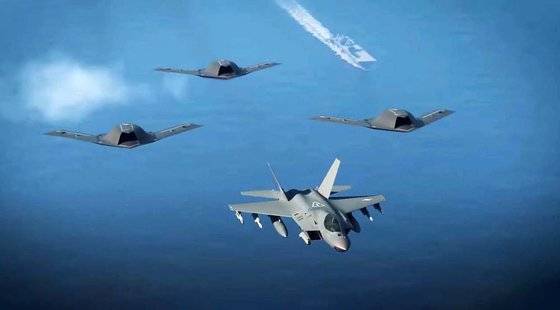 스텔스 무인기 가오리-X가 KF-21 보라매(앞쪽)와 작전하는 상상도(CG). [사진 방위사업청]