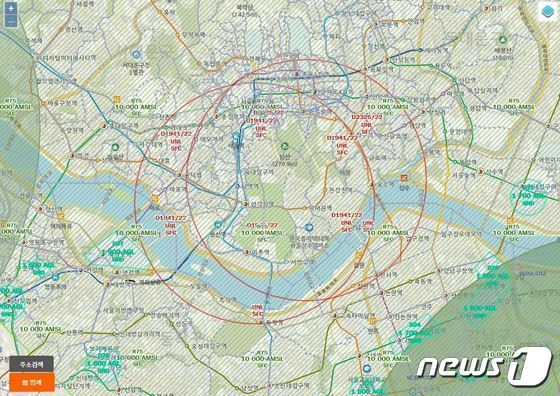 서울 용산구 일대에서 설정돼 있는 드론 비행금지구역(빨간색 원) (국토교통부 드론 원스톱 민원서비스 캡처)