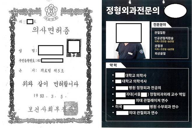 위조된 의사면허증, 오른쪽은 허위 작성된 의사 약력. 수원지검 제공