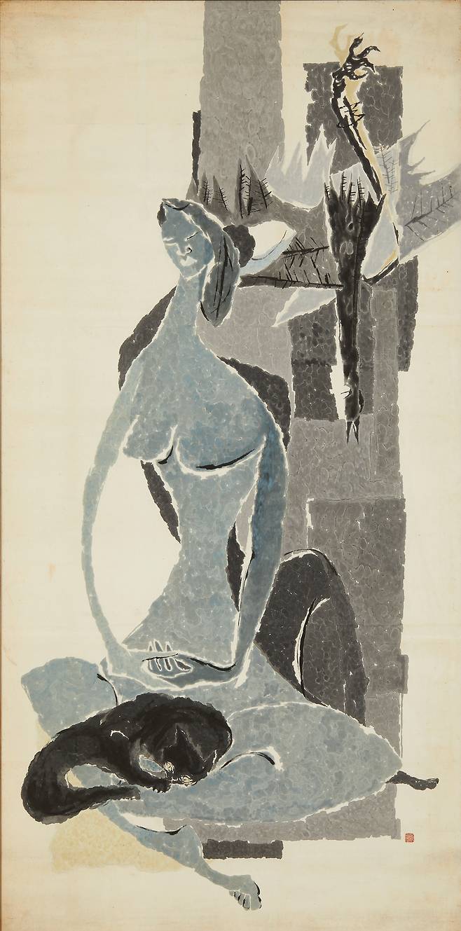 박래현, ‘밤과 낮’, 1959, 국립현대미술관 이건희컬렉션. 밤과 낮의 두 여인을 겹쳐, 이중적인 자아의 내면세계를 표현했다.