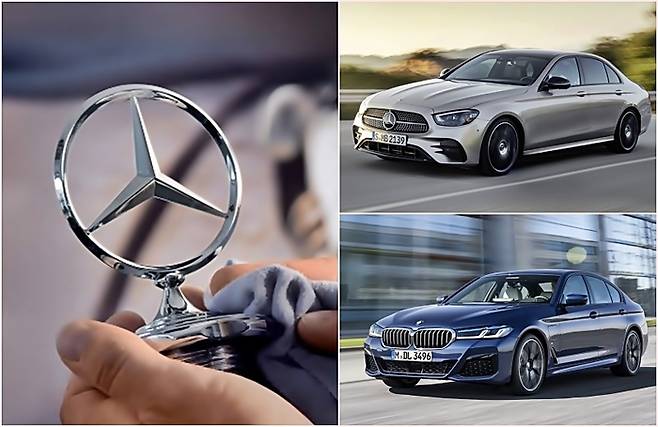 삼각별과 벤츠 E클래스, BMW 5시리즈(오른쪽 아래) [사진출처=벤츠, BMW]