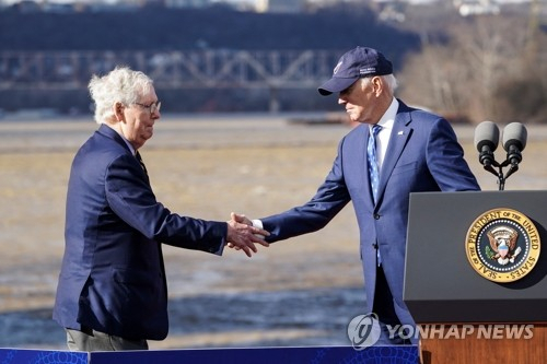 조 바이든 미국 대통령(오른쪽)이 새해 첫 일정으로 4일(현지시간) 켄터키주 코빙턴을 방문, 켄터키주와 오하이오주를 잇는 브렌트 스펜스 다리 개선 홍보행사에 참여해 미치 매코널 공화당 상원 원내대표와 악수하고 있다. 이날 바이든 대통령은 자신이 제안해 중산층 재건을 목표로 2021년 의회가 초당적으로 통과시킨 인프라 법(약 1천515조원)의 중요성에 대해 연설했다. 미 연방정부는 이 법에 따라 브렌트 스펜스 다리 개선과 추가 다리 건설에도 16억3천만달러(약 2조원)를 투입한다. 연합뉴스