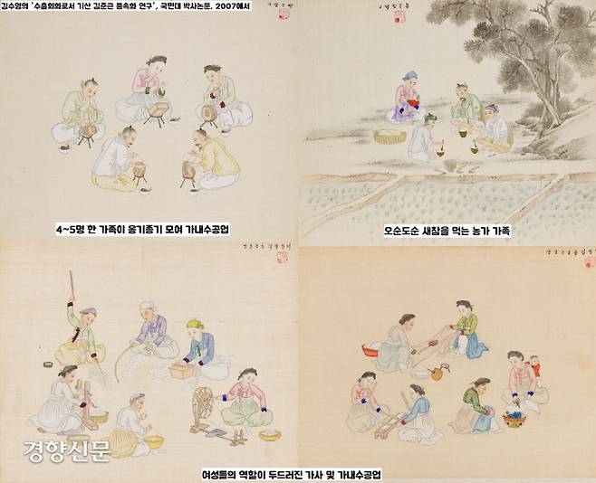 기산의 풍속도를 보면 당대의 생활상을 미시적으로 볼 수 있다. 요즘처럼 4~5명이 한 가구를 이룬다든가, 서민층에서는 엄격한 남녀유별이 보이지 않는다든가, 농업 및 가내수공업에서 여성의 역할이 도드라진다든가 하는 현상을 읽을 수 있다.